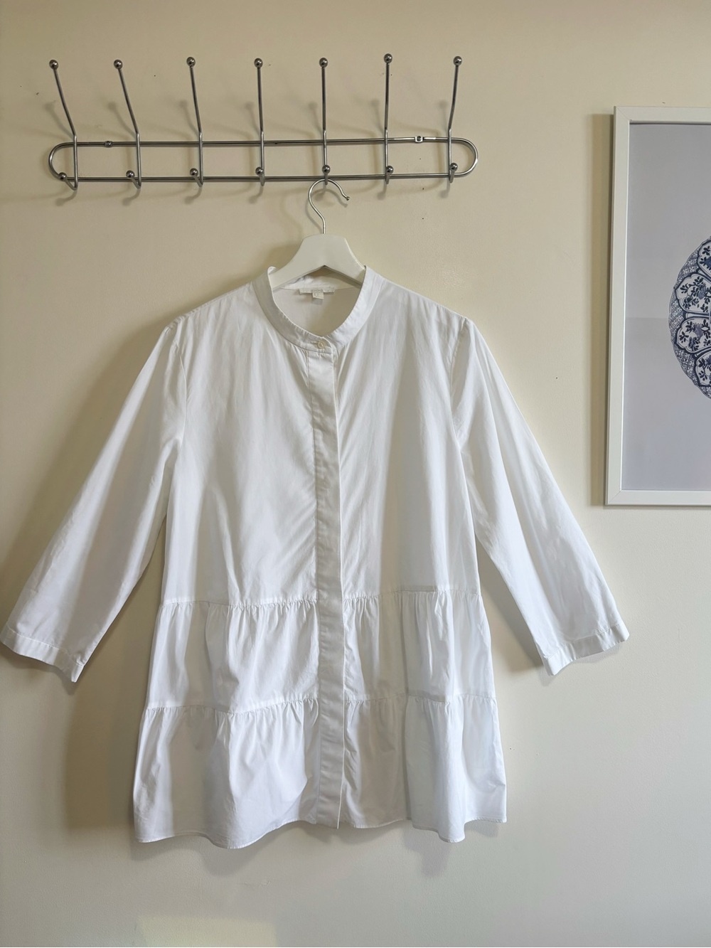 COS White Cotton Poplin Tiered Tunic Blouse Band Collar | Size 12